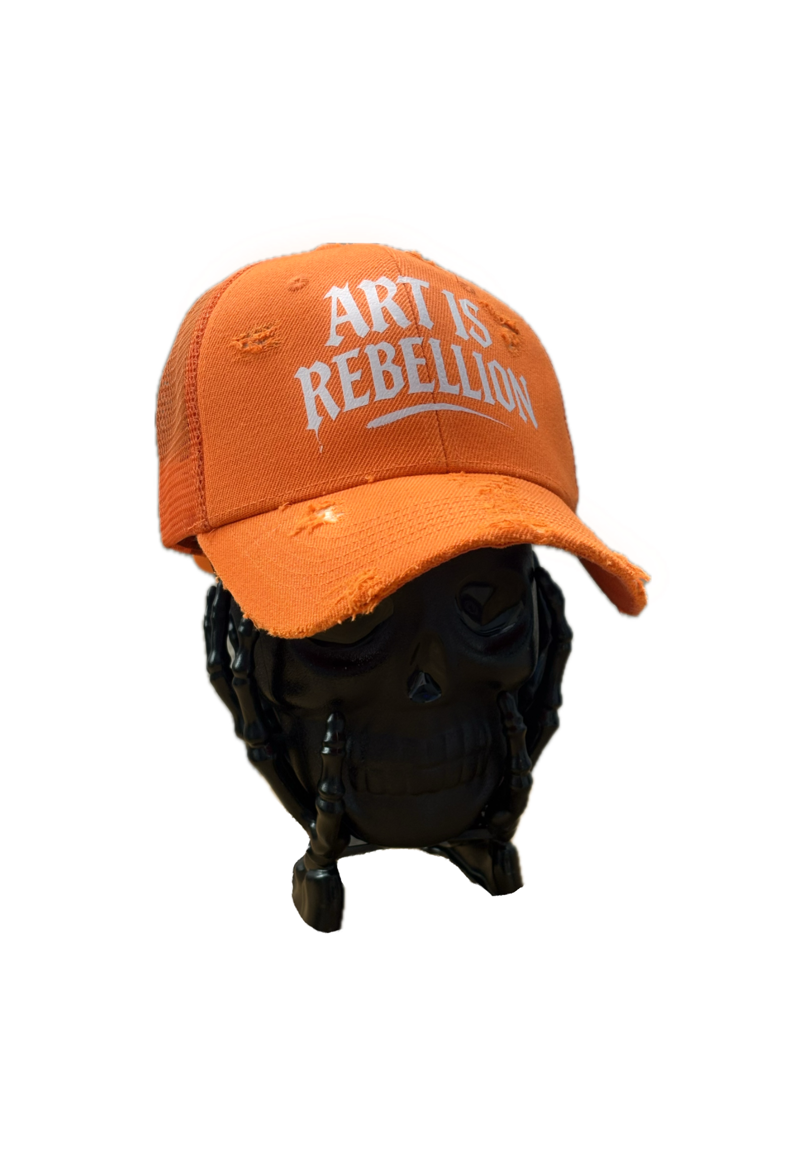 Orange Distressed "Art is Rebellion" Trucker